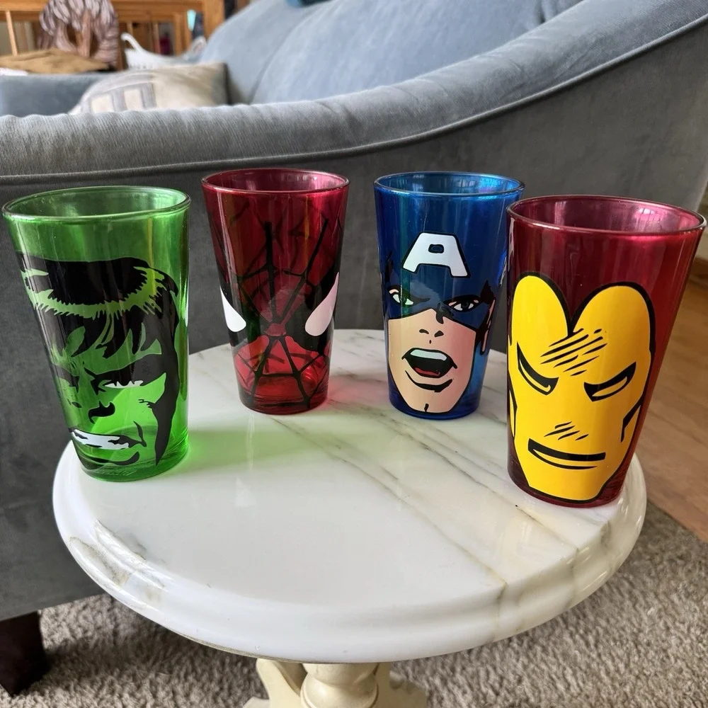 Marvel 16oz Drinking Glasses Set Of 4 Iron Man Hulk Spider-Man Captain America